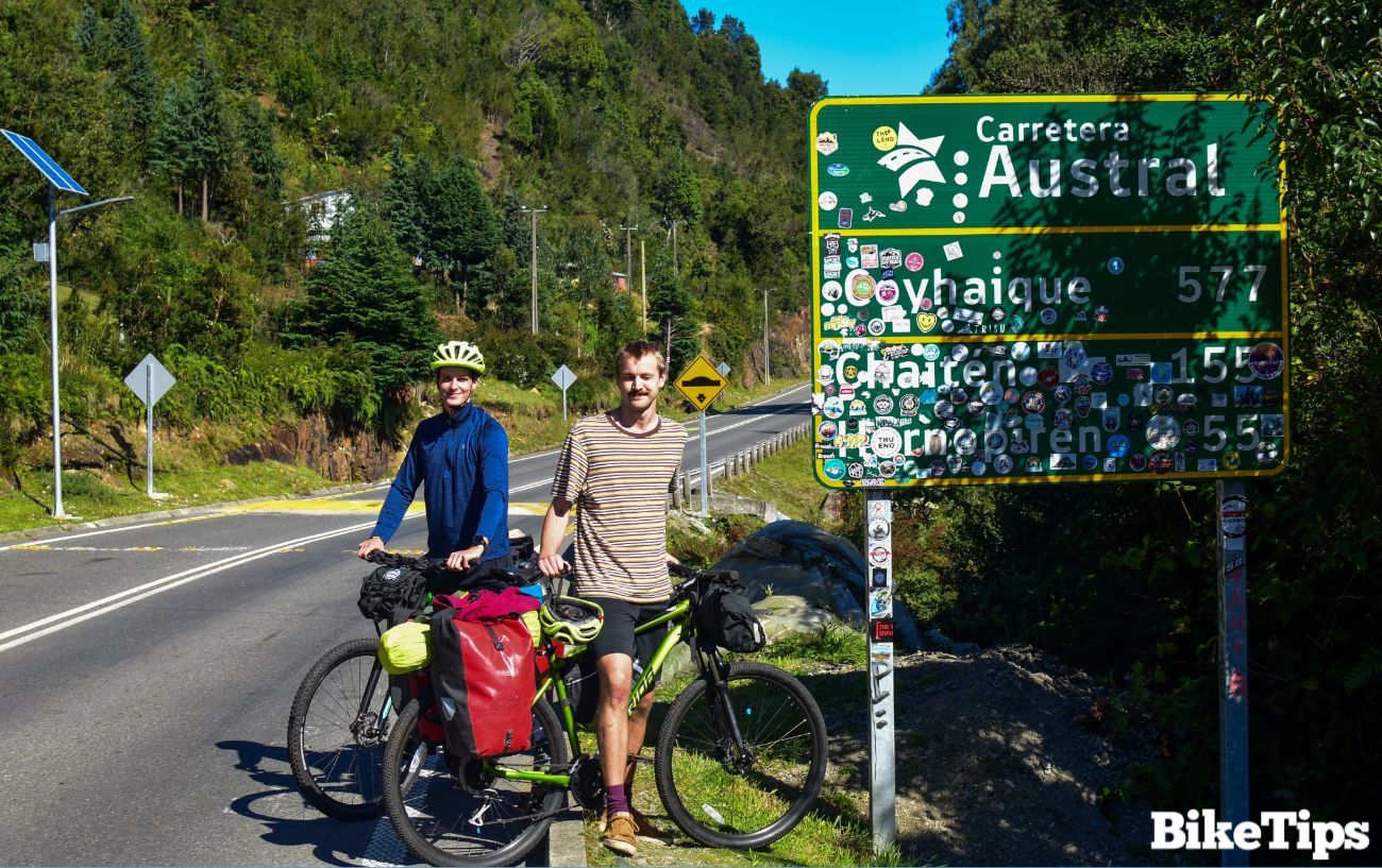 BikeTips editor Rory bikepacking with panniers on the Carretera Austral in Patagonia. 