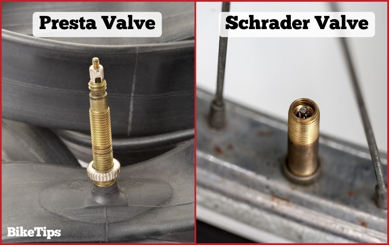 Graphic showing the differences between Presta and Schrader valves for bike inner tubes.