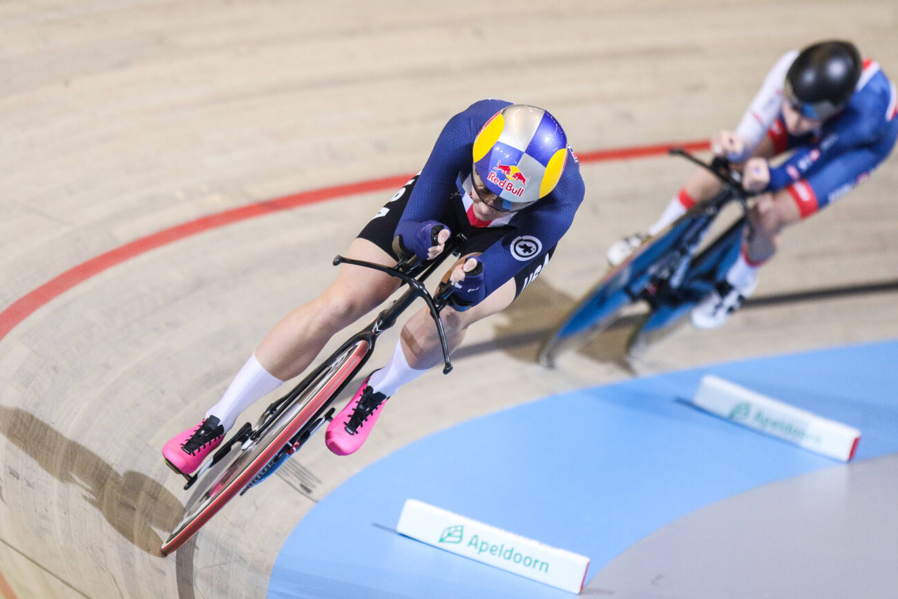US Chloe Dygert competes in the women's individual pursuit final during the UCI Track Cycling World Championships in Apeldoorn on March 3, 2018.