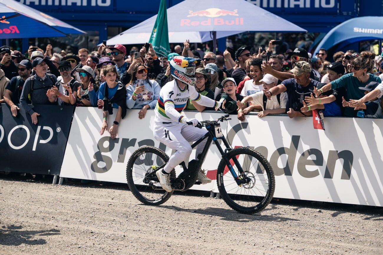 Loic Bruni on a mullet bike at the Downhill World Cup in Lenzerheide, Switzerland in June 2023.