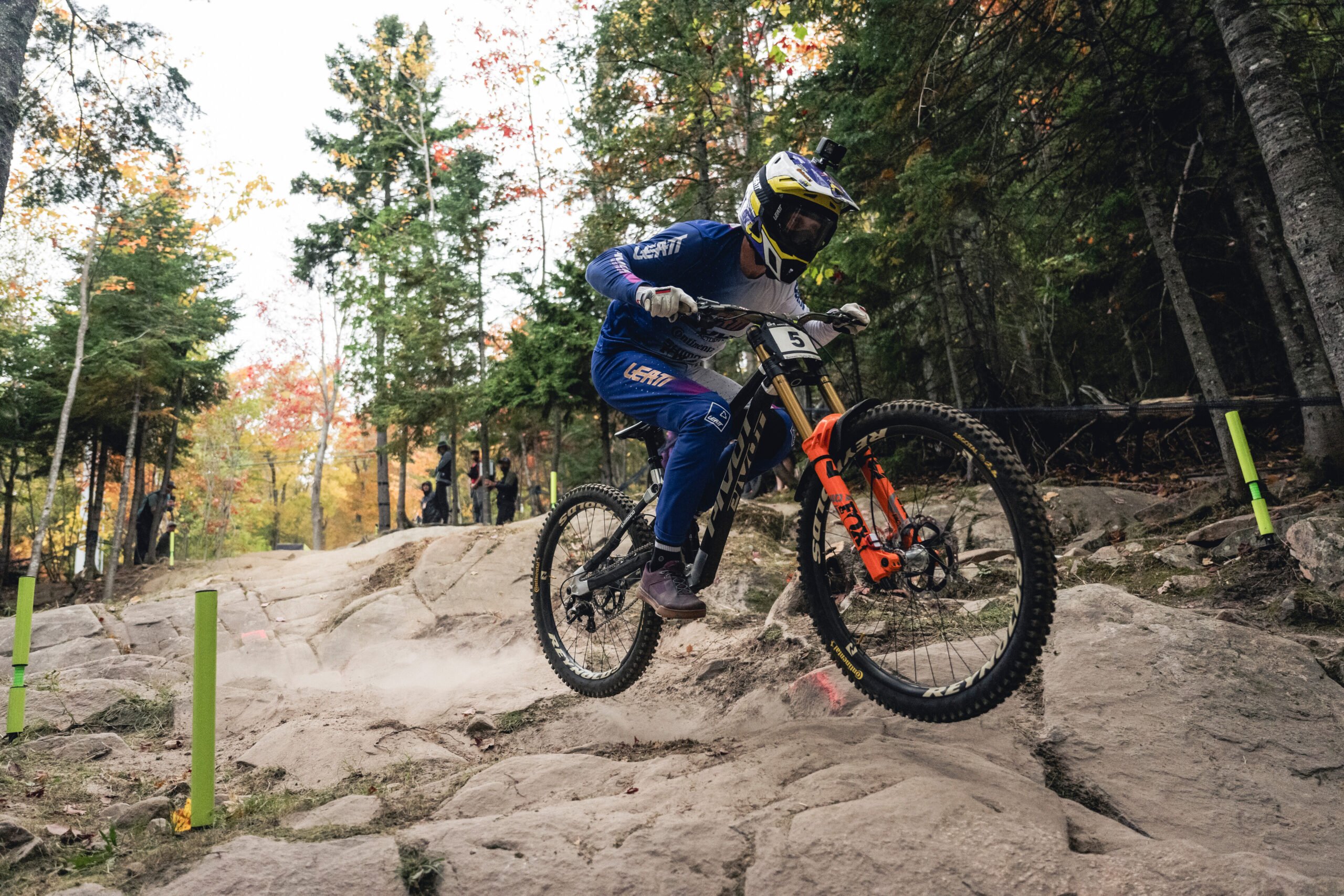Bernard Kerr charging on a mullet bike at the UCI Downhill World Cup in Mont Sainte Anne, Canada, in October 2023.
