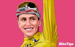 Cartoon showing Tadej Pogacar on a pink background for the 2024 Giro d'Italia.