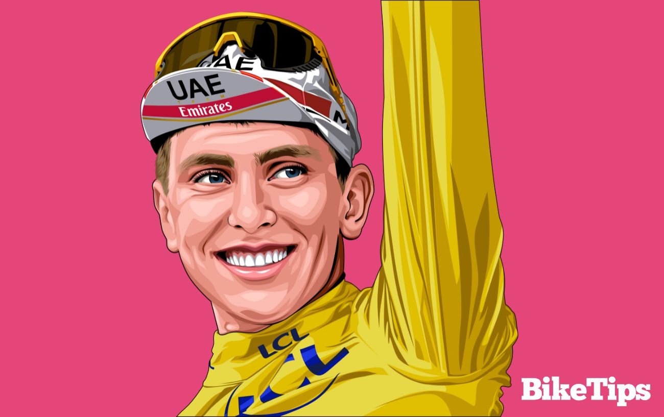 Cartoon showing Tadej Pogacar on a pink background for the 2024 Giro d'Italia.
