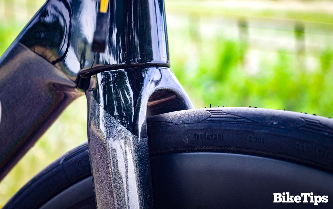 Tire clearance on a bike pictured at the front fork.