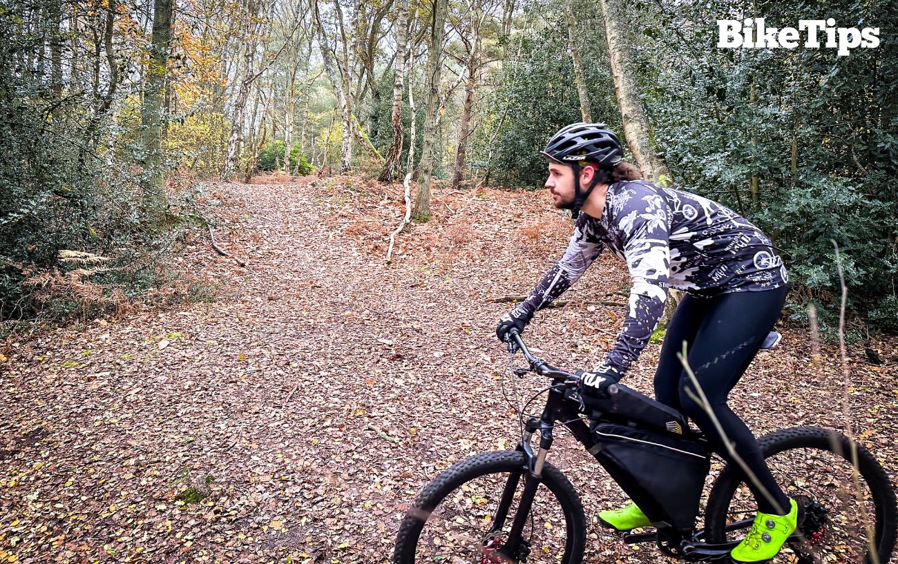 Demonstrating a neutral riding position on my mountain bike.