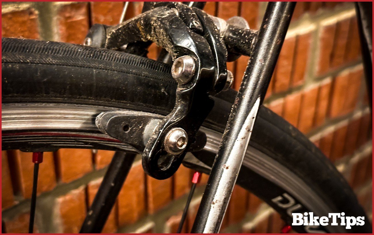 Rear brake on a classic road bike.