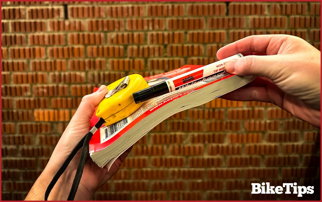 A book, pen, and tape measure. The tools to measure an inseam.