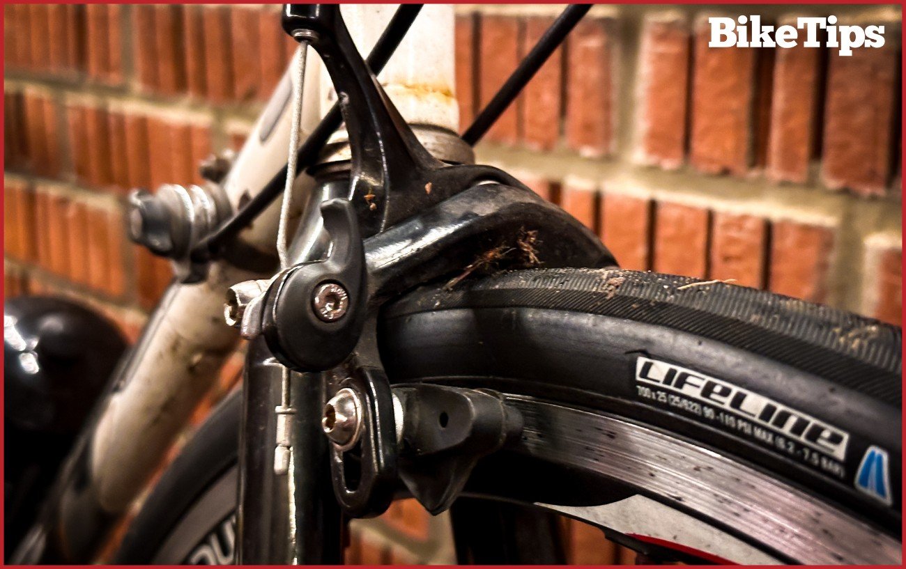Front brake on a classic road bike.
