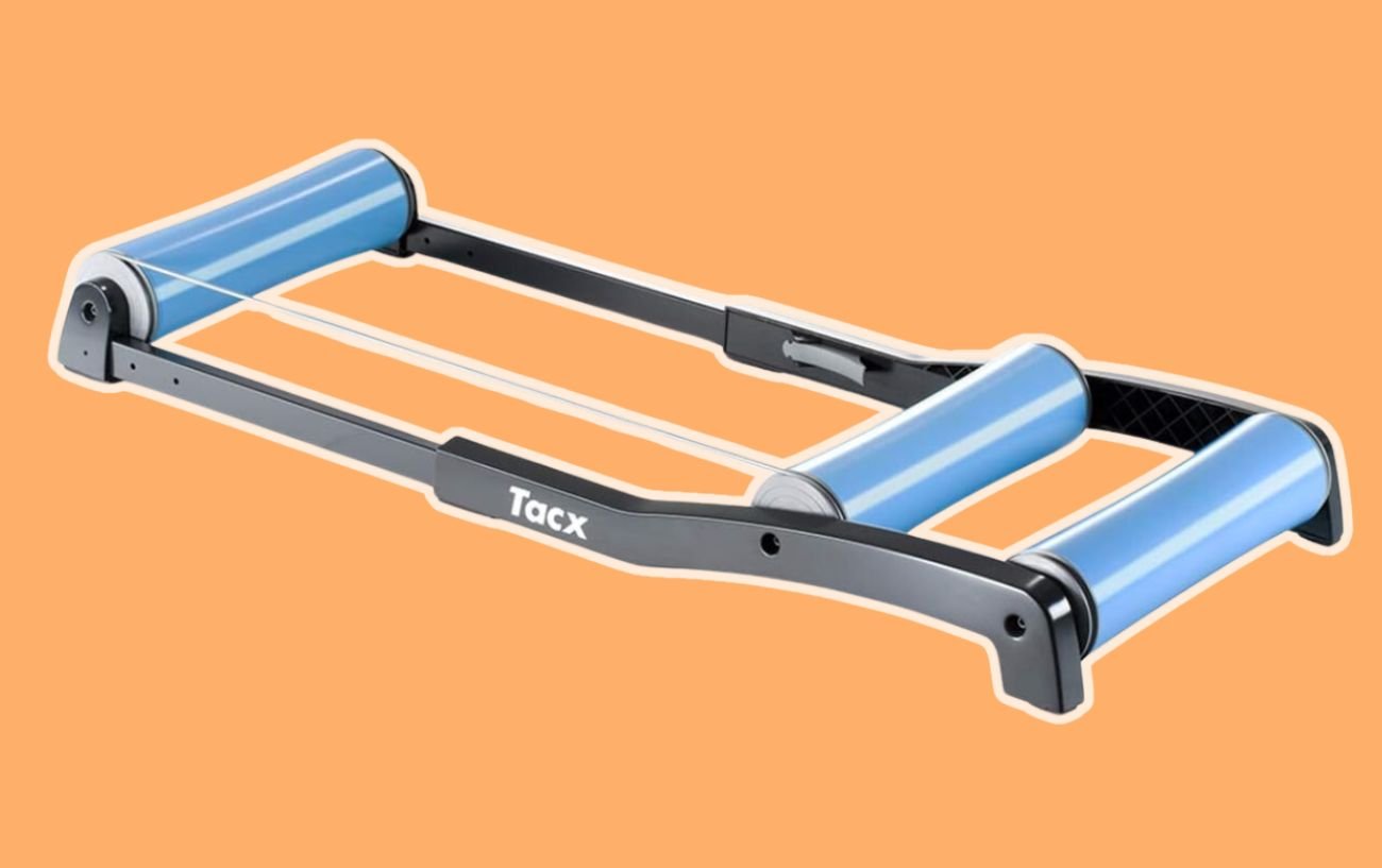 A Garmin bike-on roller on an orange background.