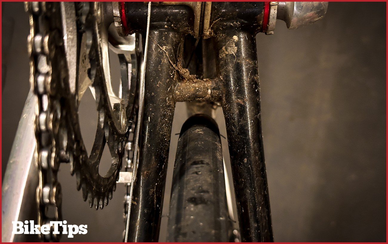 Tight clearance on a classic road bike.