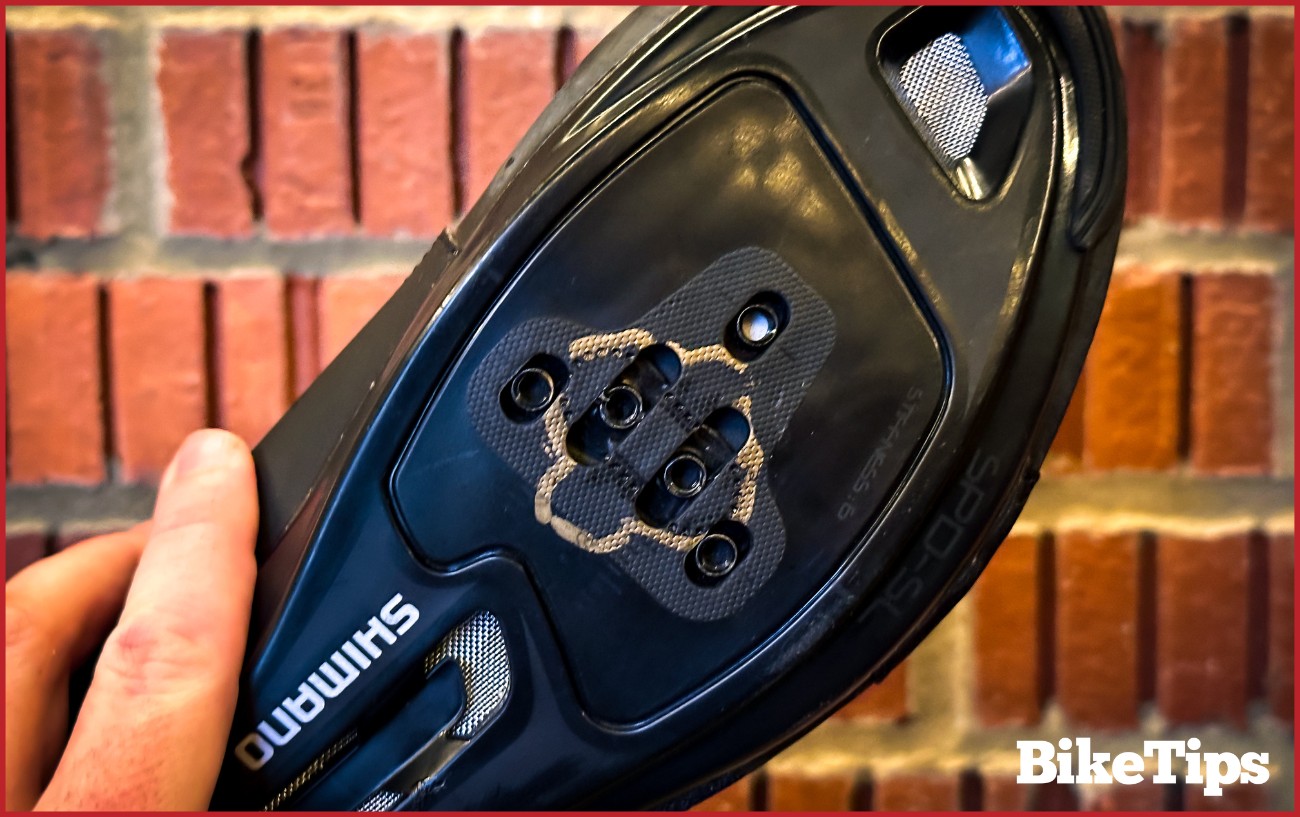 The bottom of an SPD and SPD-SL cycling shoe.