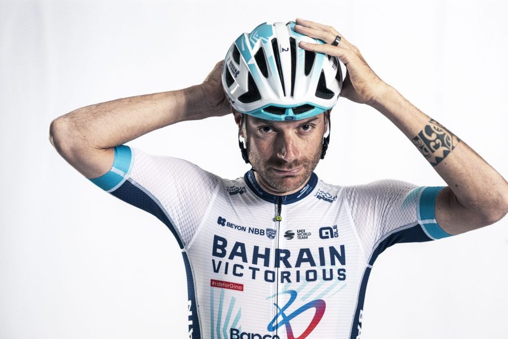 Damiano Carruso wearing Bahrain Victorious' 2024 kit.