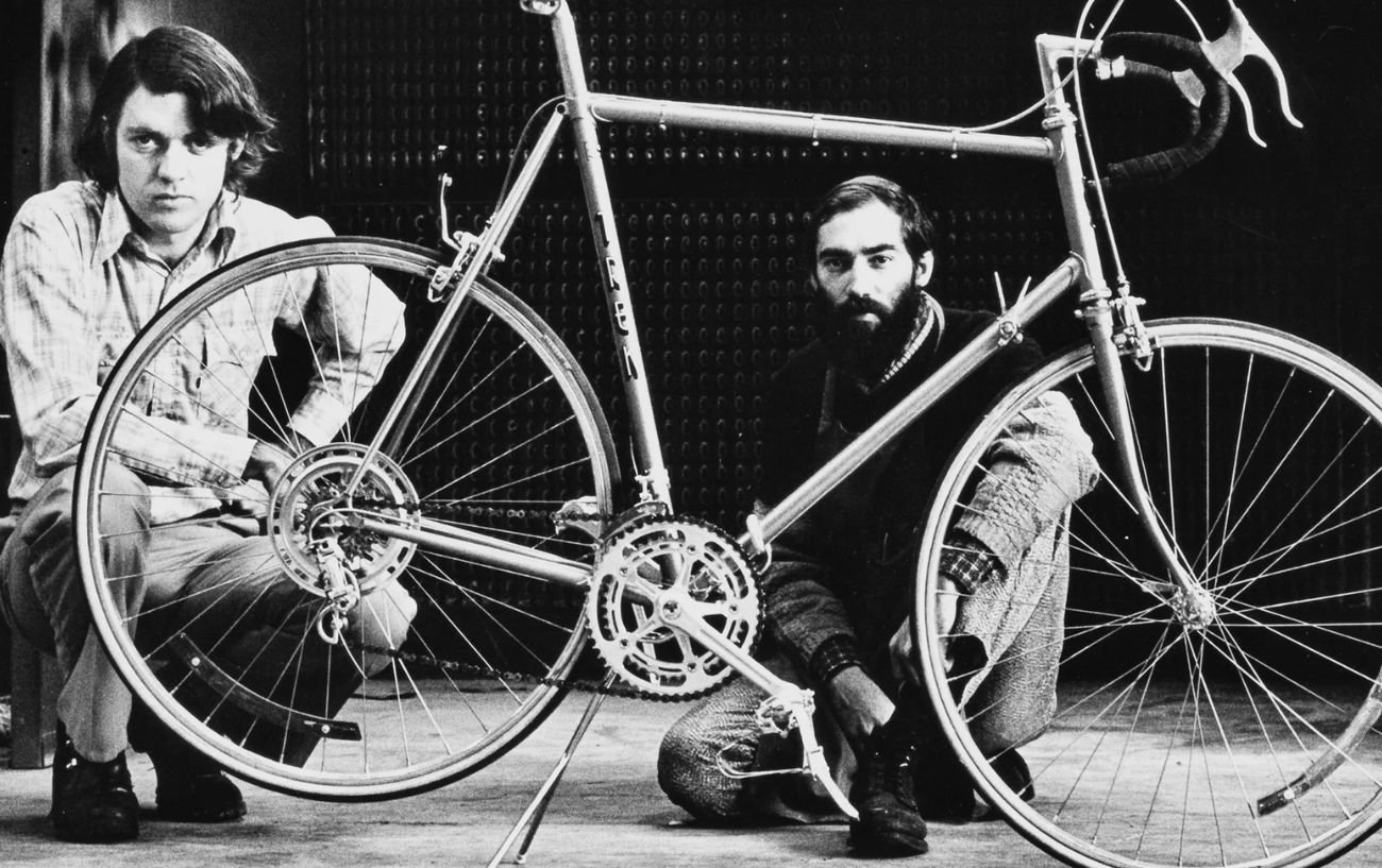 Richard Burke and Bevil Hogg, the founders of Trek, sit next to a Trek bike.