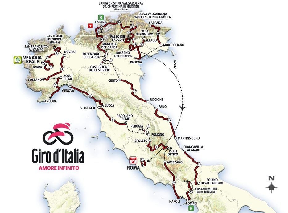 Ben Gibbons 4 Map of Italy showing the Giro d'Italia 2024 route.