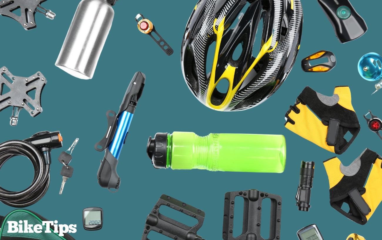 A number of bicycle safety items and general gear equipment.