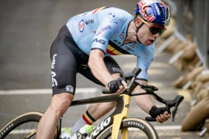 Professional cyclist Wout van Aert on a road bike.