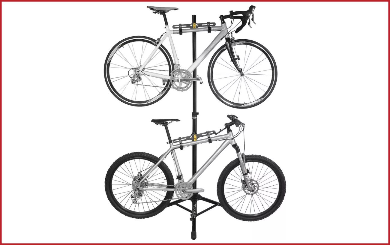 The Topeak Two Up Stand is a great example of a space saving bike stand that can be fitted against the wall.