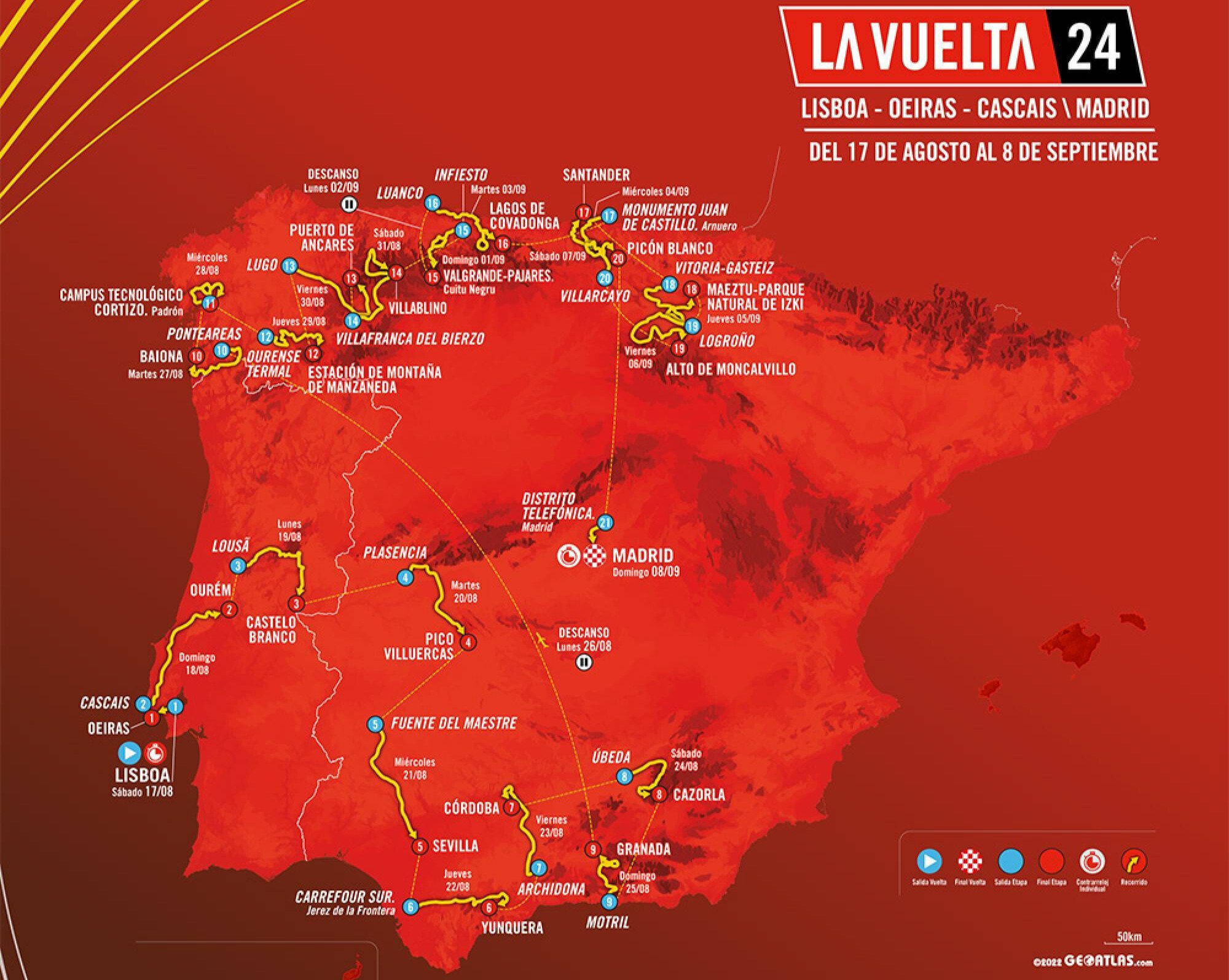 Graphic with a map showing the Vuelta a Espana 2024 Route