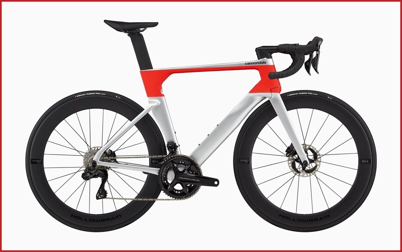 Silver Cannondale SystemSix aero road bike.