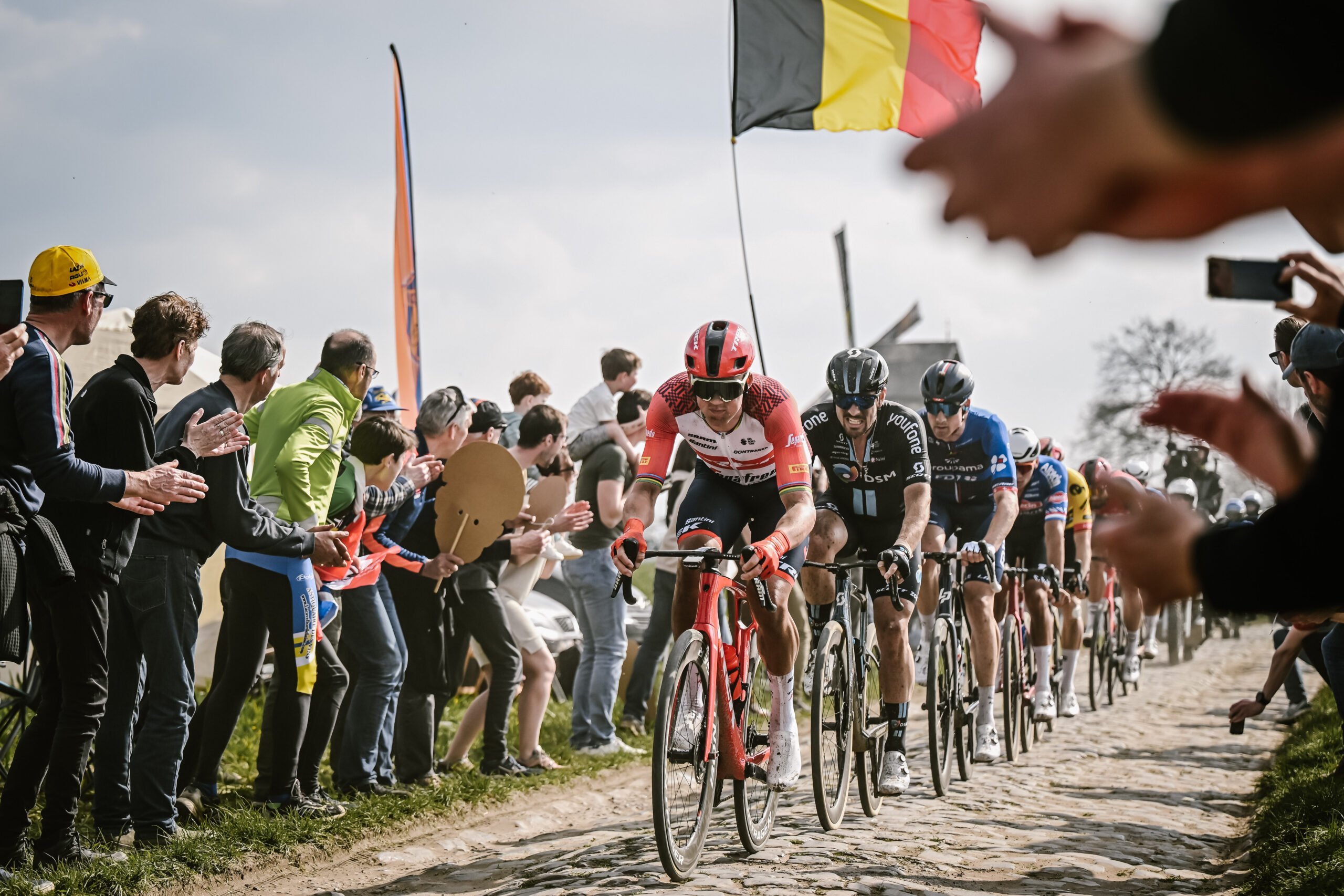 Cyclists riding the cobbles at the 2024 Spring Classics.