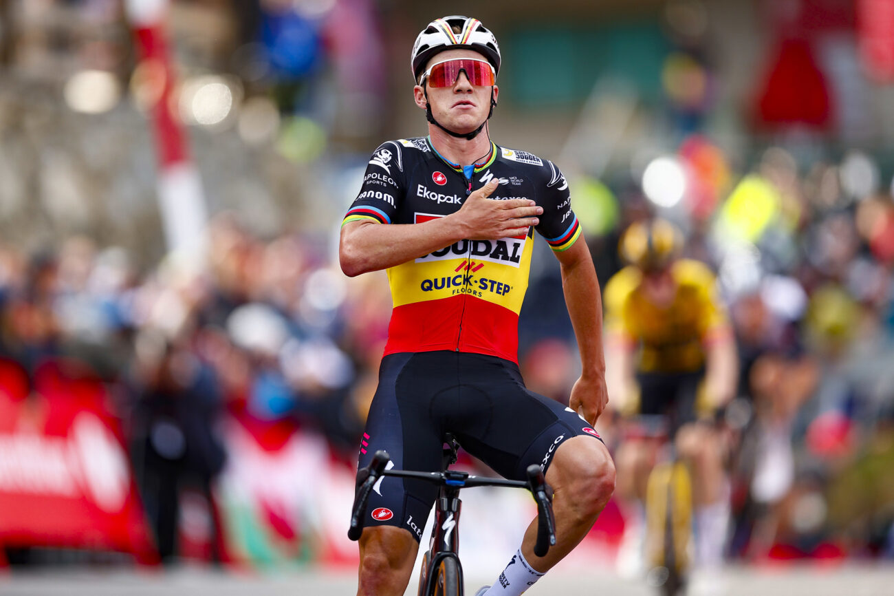 Remco Evenepoel celebrates a stage win at the 2023 Vuelta a Espana.