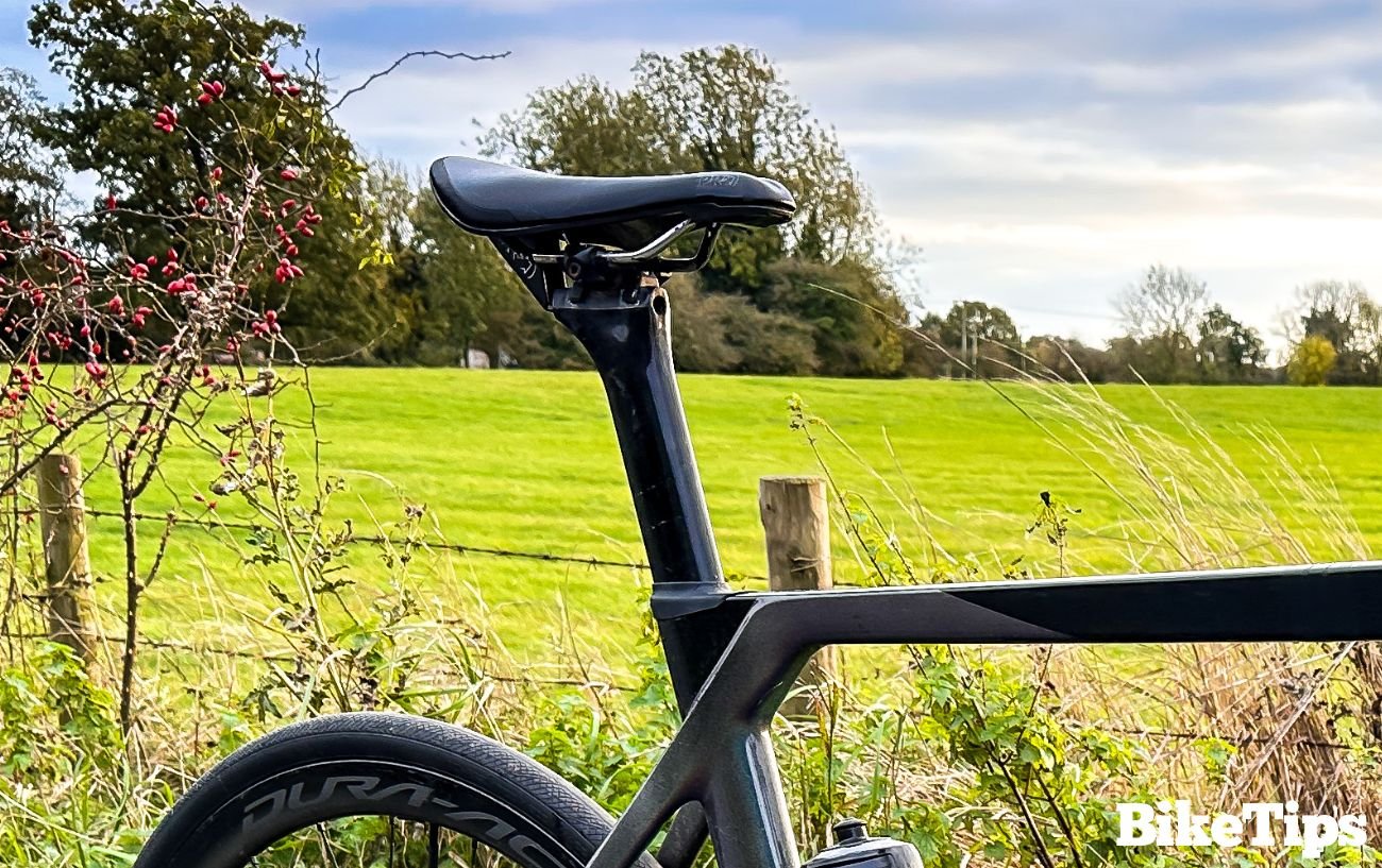 Aerodynamic seatpost on a modern road bike.