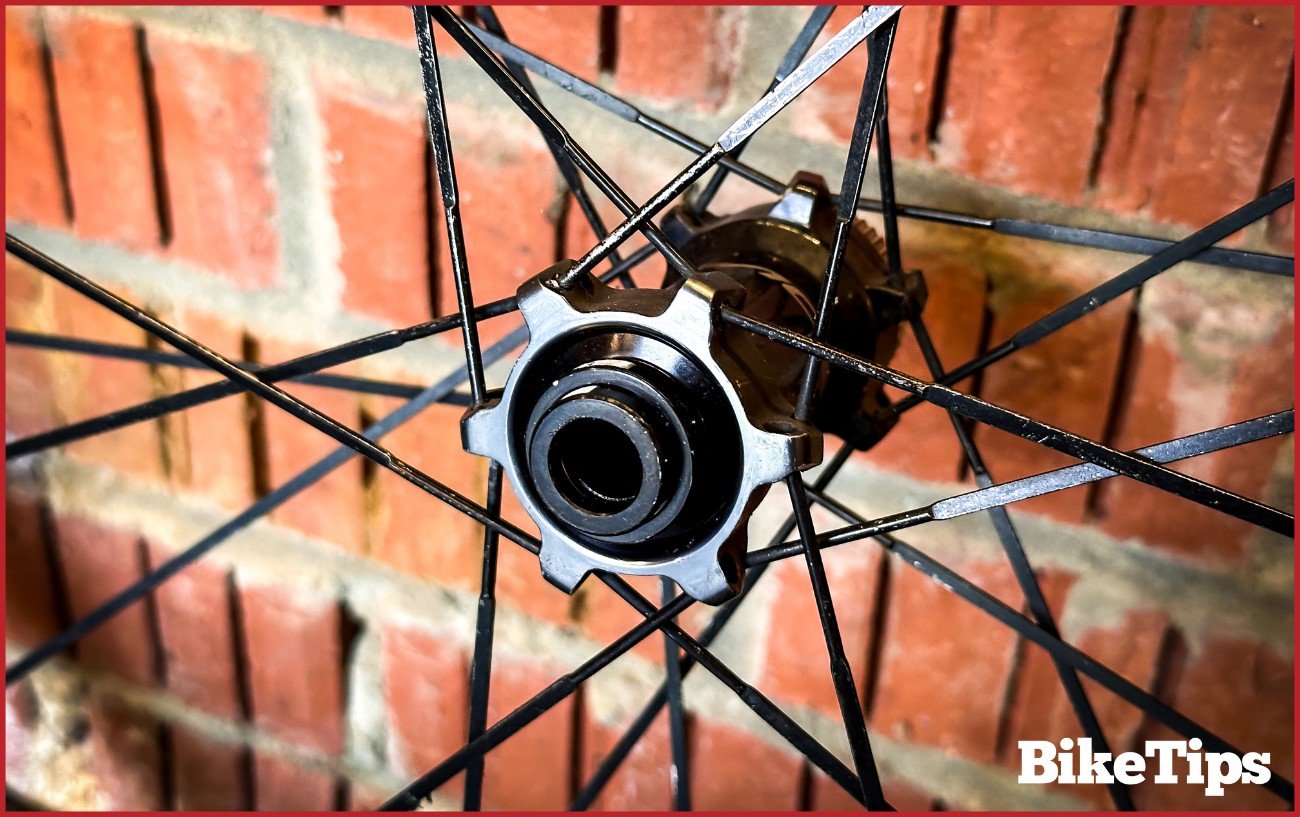 Parts of a bike wheel showing the wheel's hub.