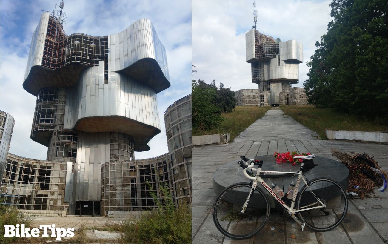 My bike in front of the Monument at Petrova Gora.