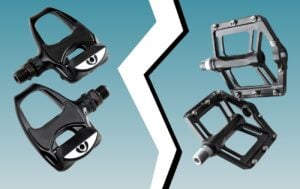 Clipless Pedals Vs Flats on a light blue background.
