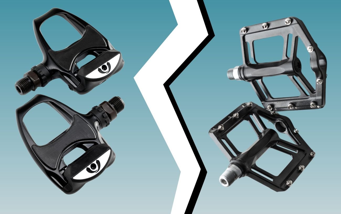 Clipless Pedals Vs Flats on a light blue background.