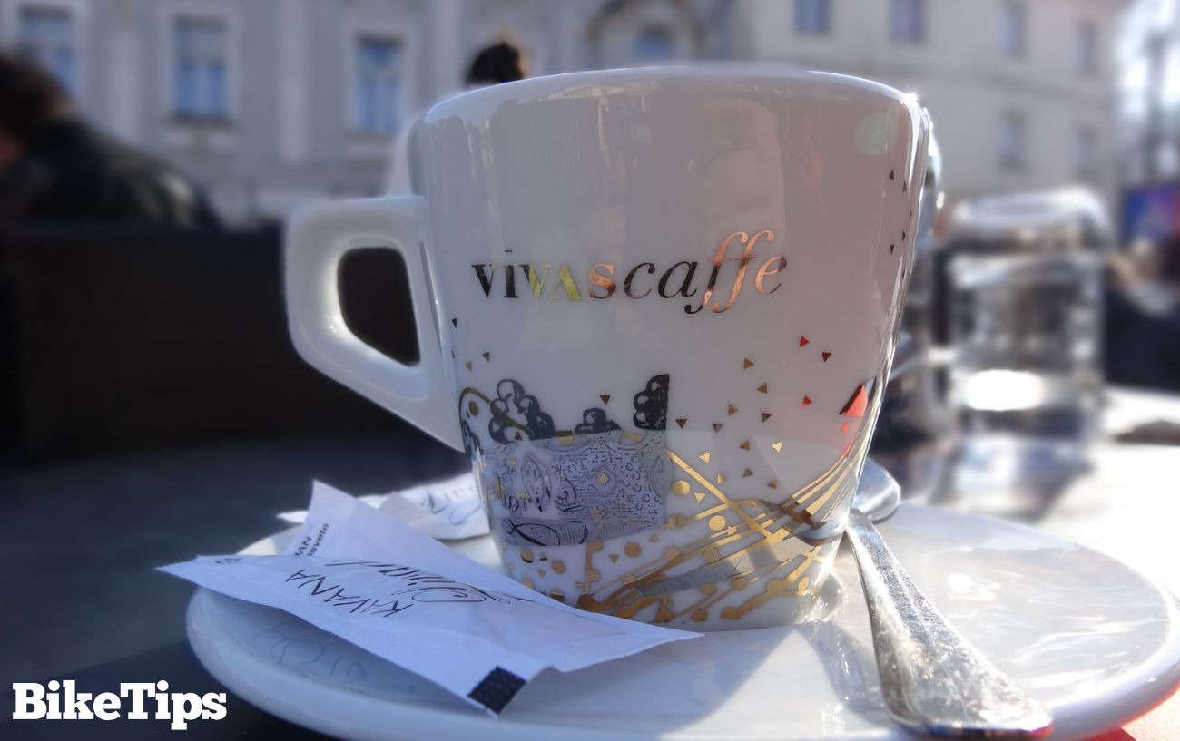 Close-up of a coffee cup in Zagreb's main square.