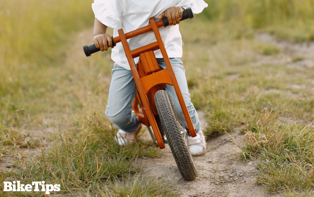 Child on a wooden balance bike in a grassy field.