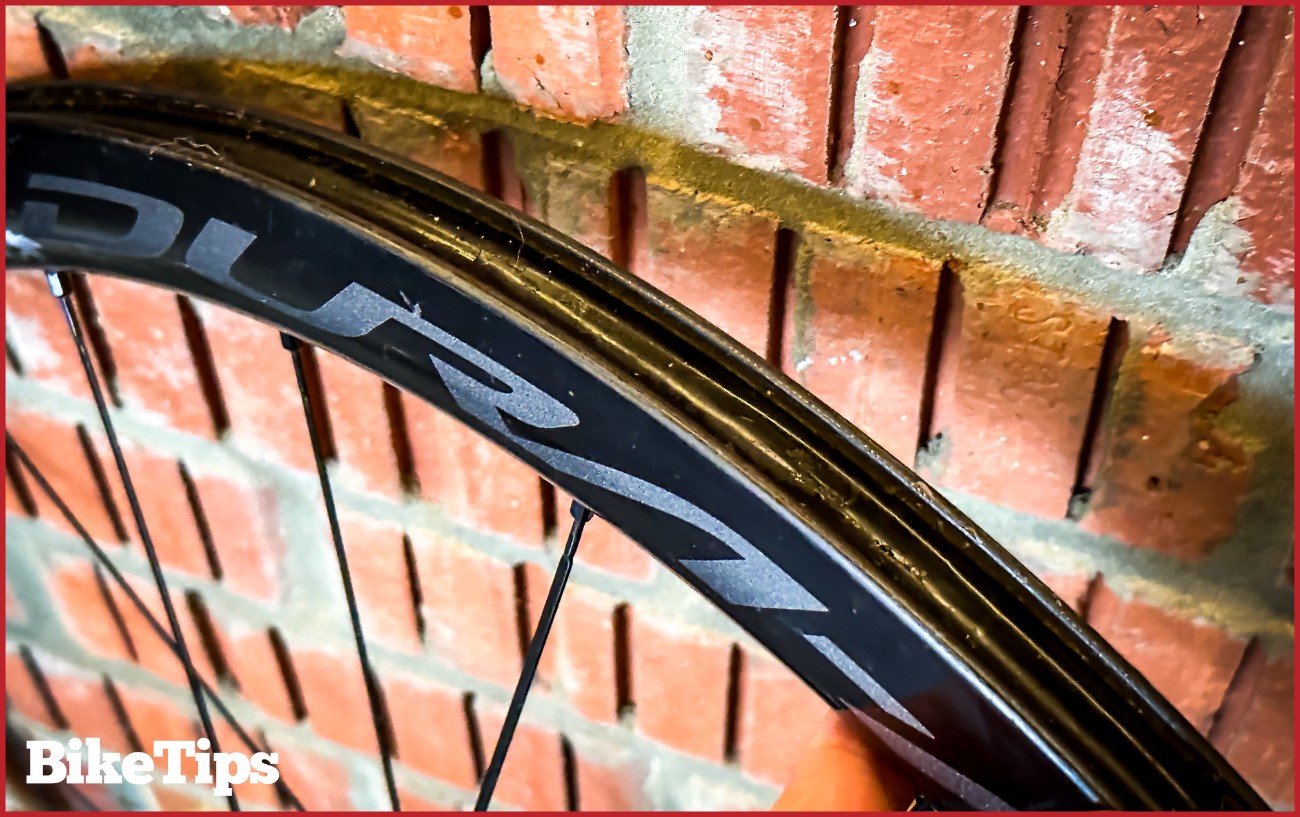 The inside of a bike wheel rim, tubeless.