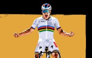 Vector art of Remco Evenepoel against a yellow and black background.