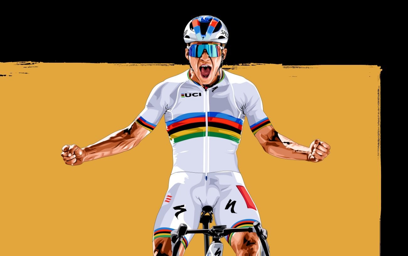 Vector art of Remco Evenepoel against a yellow and black background.
