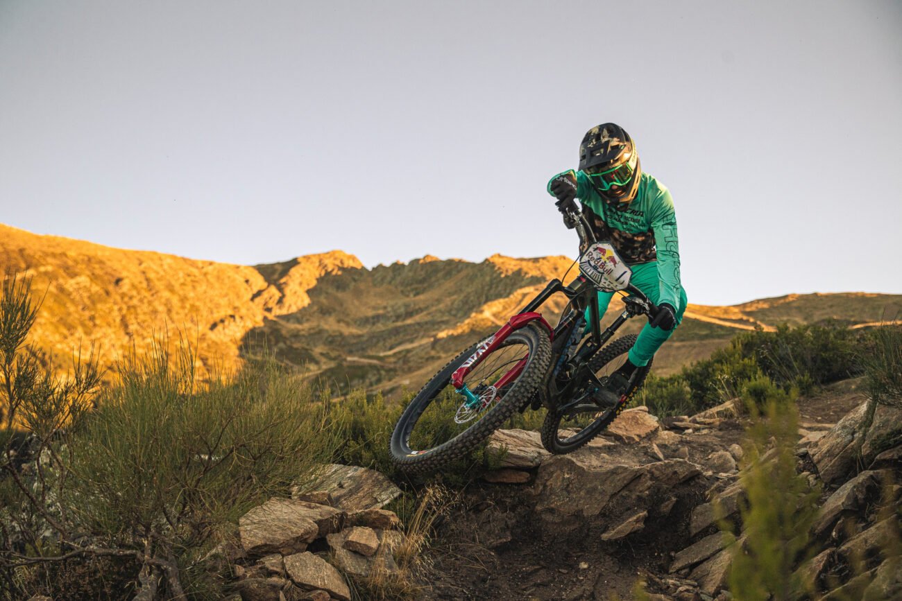 An enduro rider demonstrates the gear needed for enduro mountain bike racing.