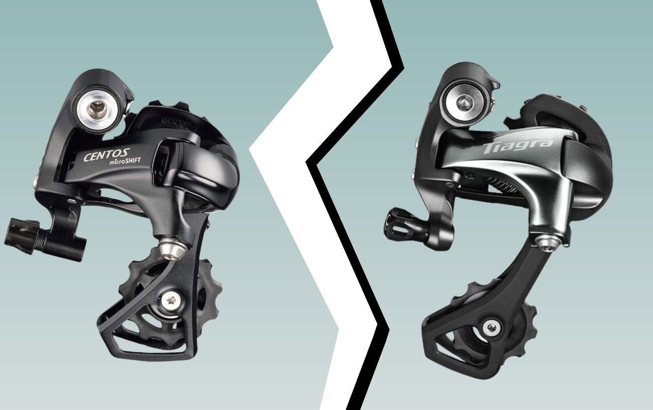 microSHIFT Vs Shimano rear derailleurs compared on a light green background.